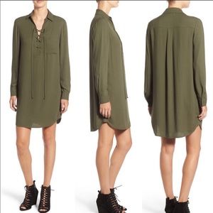 WAYF olive green long sleeve cross tie up dress